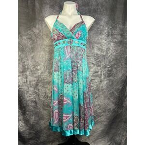 Sue Wong Nocturne Dress Womens 8 Teal Blue Silk Paisley Beaded Halter Midi